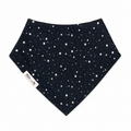 A triangular baby bandana bib in navy blue with a white star pattern, featuring a white brand label on the lower left corner.