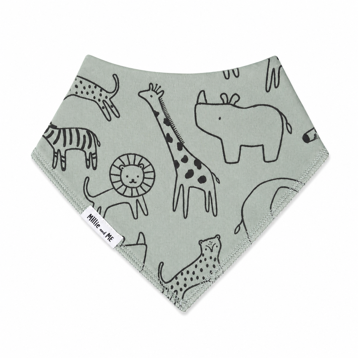 A triangular baby bandana bib in a light sage green colour, featuring a black line art safari animal print including a giraffe, zebra, lion, and hippo. A white fabric tag on the left side reads 'Millie and Me'.