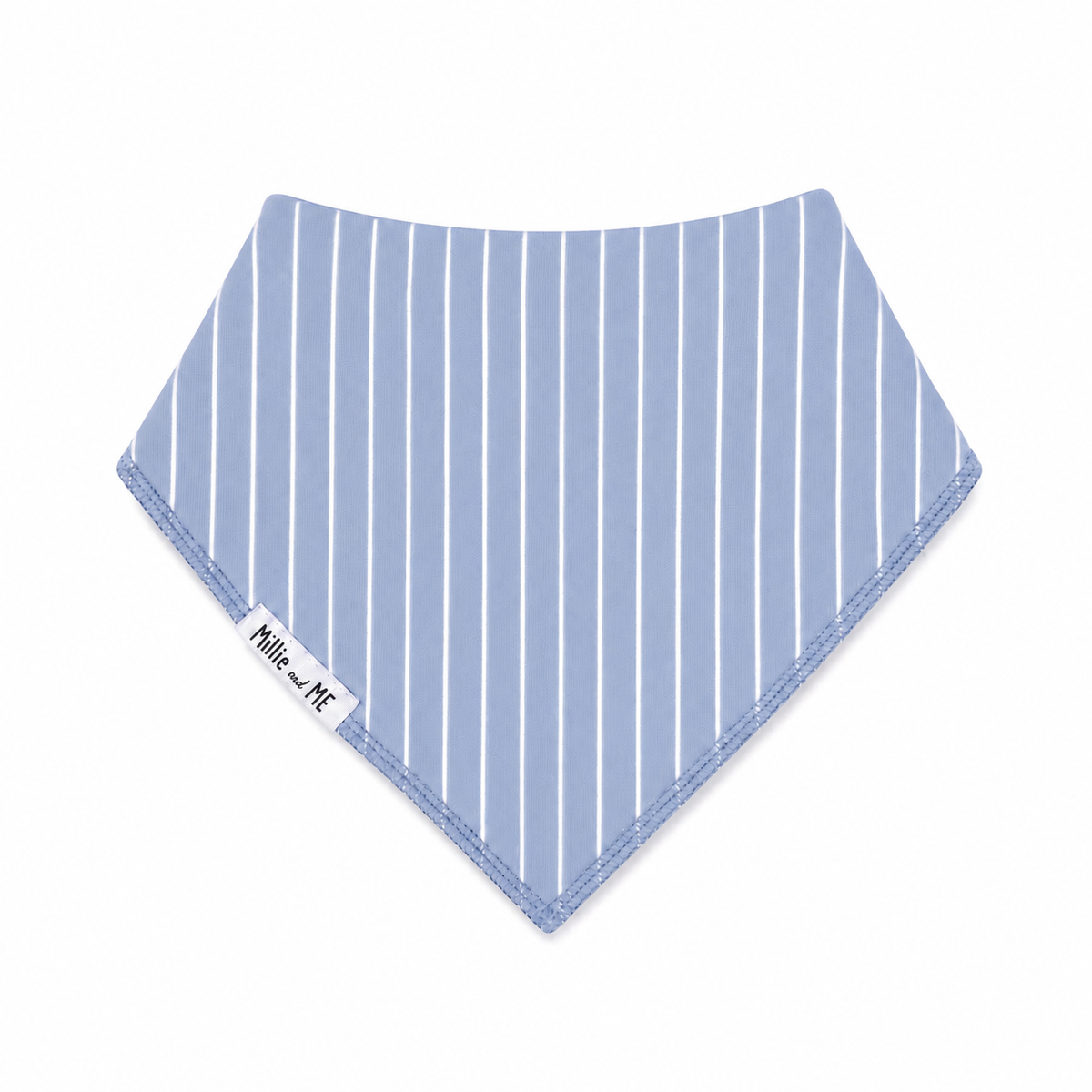Millie and Me Bandana Bib in Vertical Stripe Citadel – organic cotton baby bib with white pinstripes on a soft blue-grey background, Millie and Me label detail