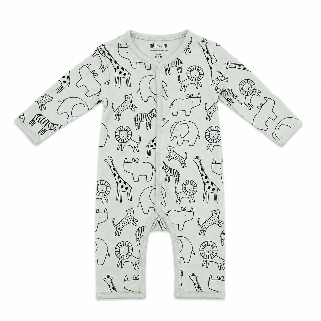A baby long-sleeve footless one-piece romper in a very light sage green, featuring an all-over black line art print of safari animals including giraffes, zebras, lions, elephants, and hippos. The snaps are down the front center.