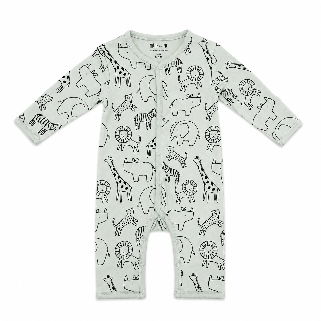 A baby long-sleeve footless one-piece romper in a very light sage green, featuring an all-over black line art print of safari animals including giraffes, zebras, lions, elephants, and hippos. The snaps are down the front center.