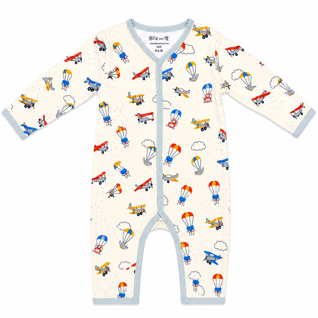 Millie and Me baby romper in cream with colourful aeroplane and parachute print, grey trim, snap fastening, long sleeves - 100% organic cotton