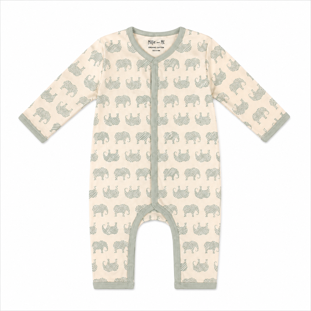 Millie and Me organic cotton baby romper in cream with sage green elephant print, long sleeves and snap fastening, flat lay on white background