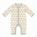 Millie and Me organic cotton baby romper in cream with sage green elephant print, long sleeves and snap fastening, flat lay on white background