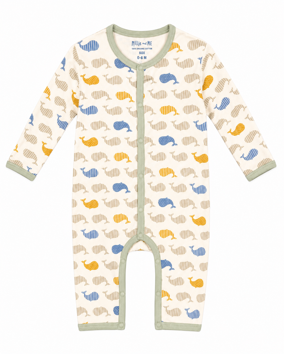 A baby long-sleeve footless romper with an all-over whale print on an off-white background. The whales are patterned in blue, mustard yellow, and beige.