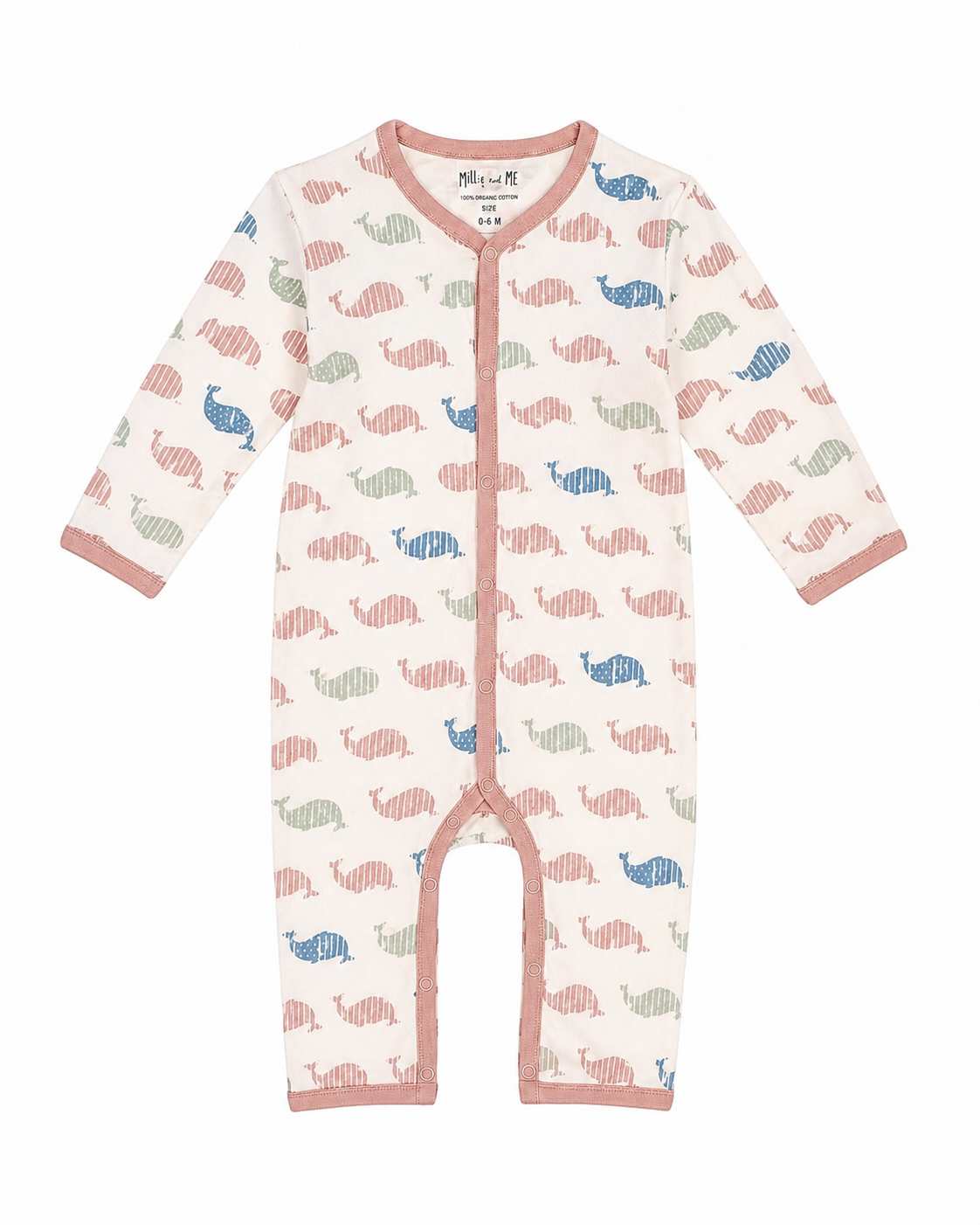 A baby long-sleeve footless one-piece romper in cream with a repeating pattern of stylised whales in pink, blue, and green, finished with dusty pink trim.