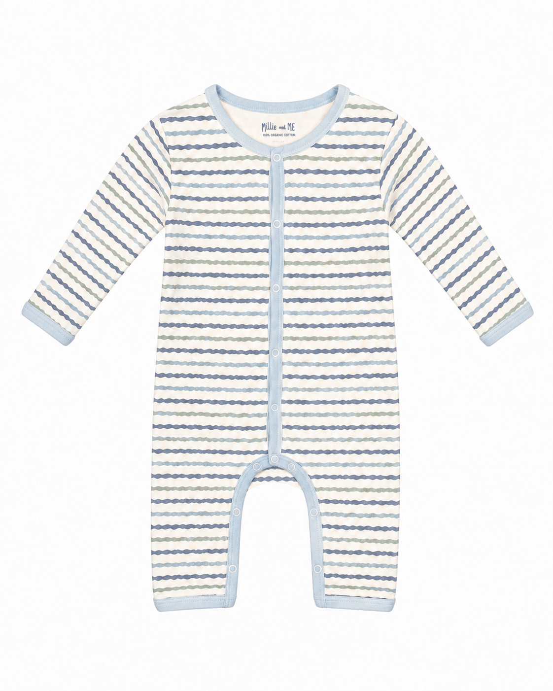 Millie and Me baby romper in white with blue-grey and taupe wavy stripe print, citadel blue trim and snap fastening, long sleeves - 100% organic cotton