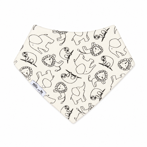A triangular baby bandana bib with an off-white background and a black line art print of various animals including sloths, lions, and elephants. A small fabric tag with the brand name 'Millie and Me' is visible on the left side.