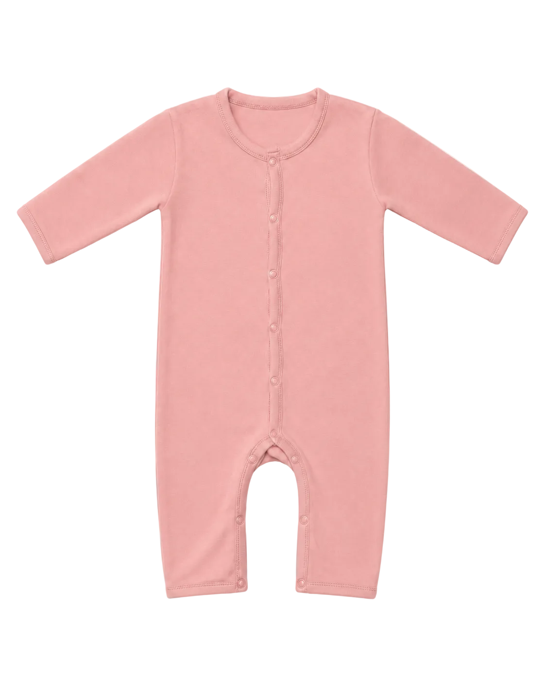 A dusty pink long-sleeve baby romper with front snap buttons, laid flat against a light off-white background.