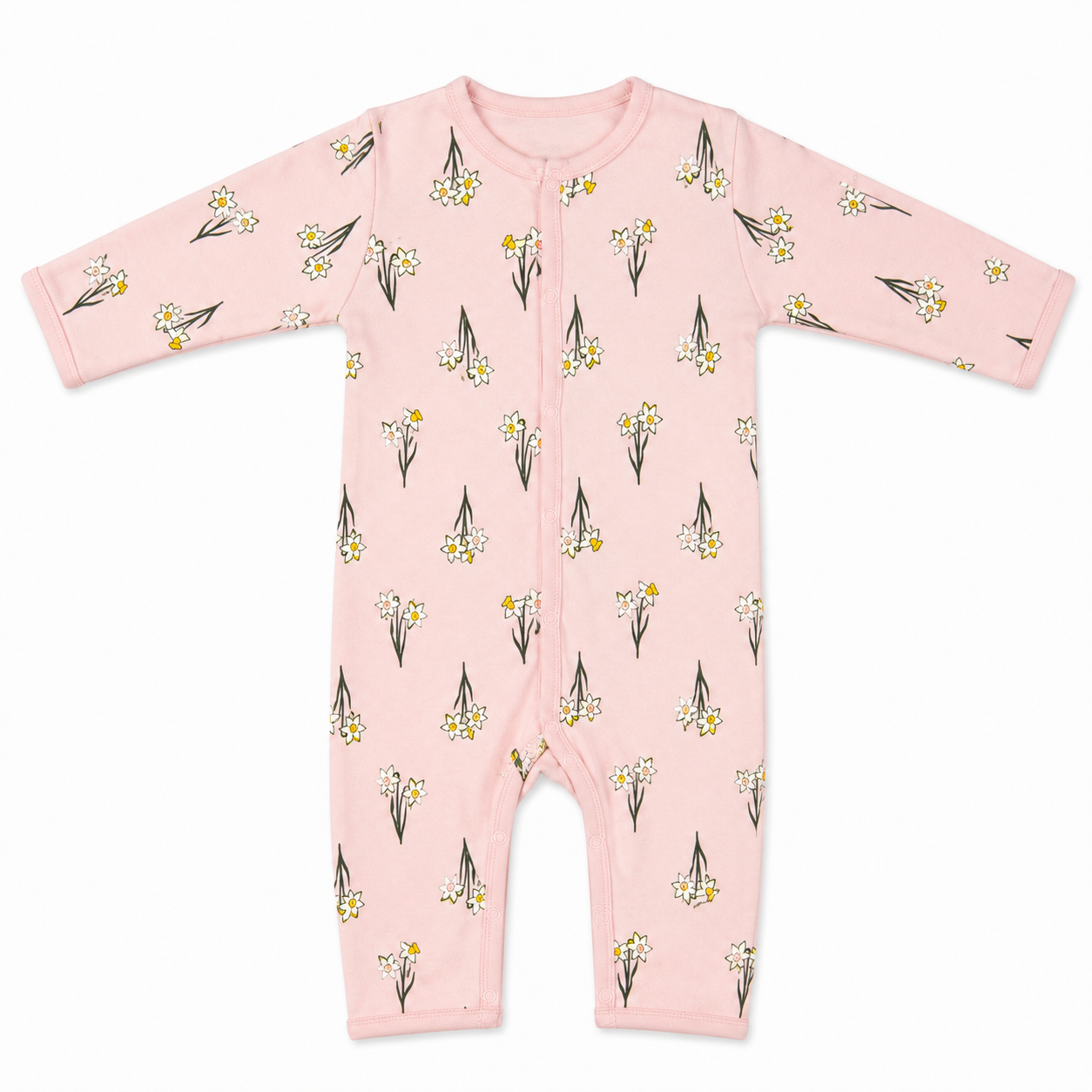 A baby long-sleeve footless one-piece sleeper in light pink, featuring an all-over print of white daffodils with yellow centers and dark green stems, displayed flat against a white background.