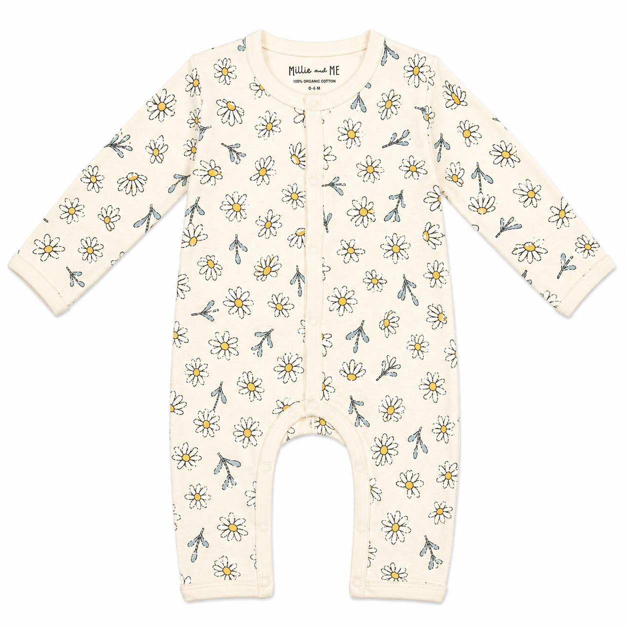 Millie and Me organic cotton baby romper in cream with white and yellow daisy print, long sleeves and snap fastening, flat lay on white background