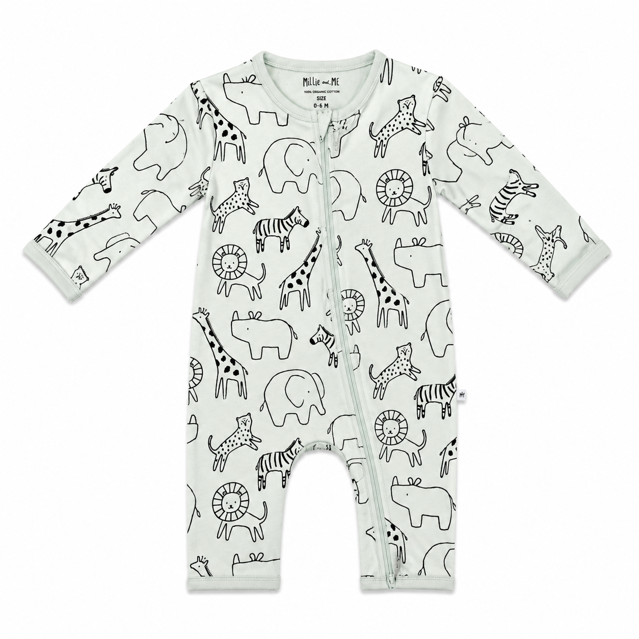 A baby long-sleeve footless zip-up sleeper in off-white, featuring an all-over black line art print of safari animals including giraffes, zebras, lions, and elephants. The brand 'Mila + Mi' is printed inside the collar.