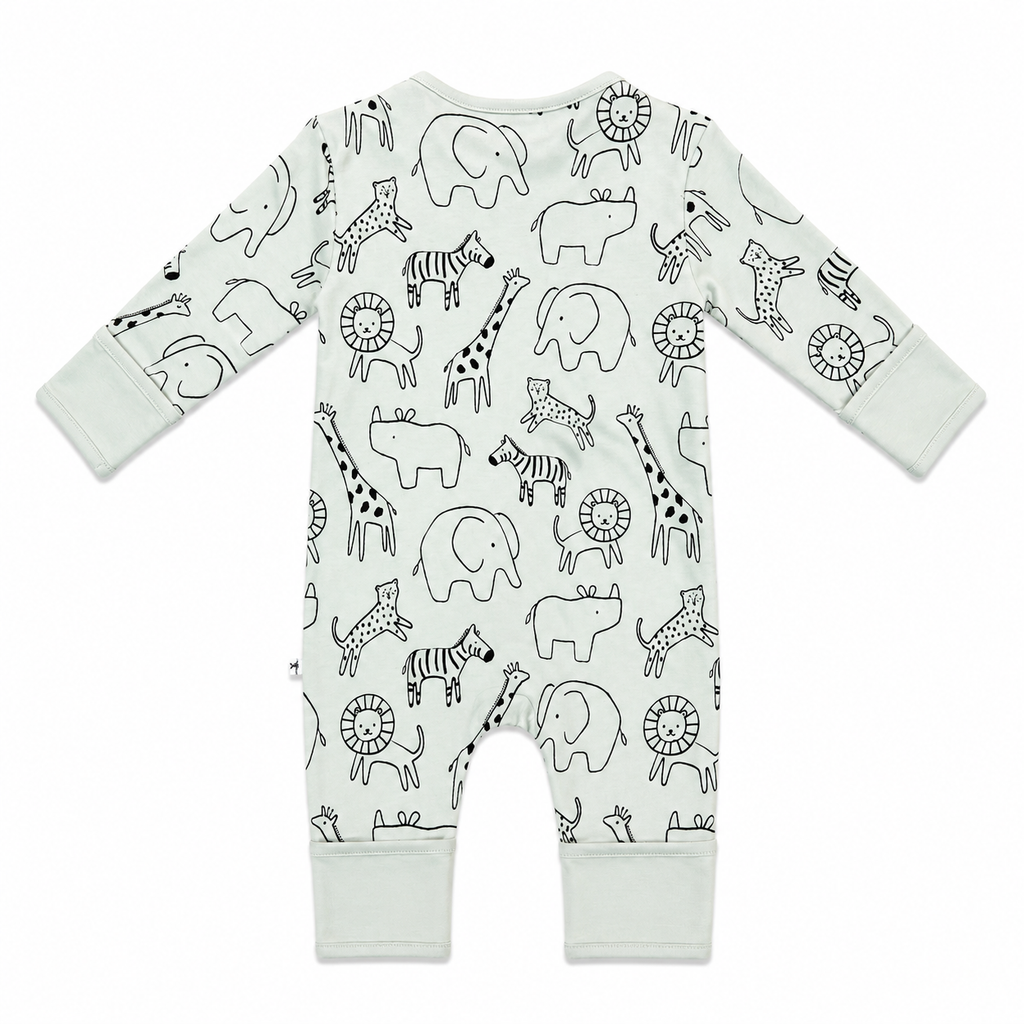 A long-sleeve baby romper with an all-over safari animal print, featuring black line drawings of elephants, giraffes, zebras, lions, and cheetahs on a light sage green background.
