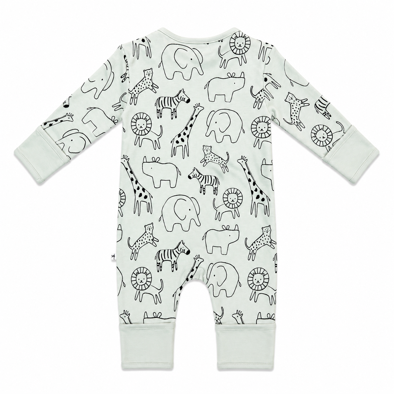 A long-sleeve baby romper with an all-over safari animal print, featuring black line drawings of elephants, giraffes, zebras, lions, and cheetahs on a light sage green background.