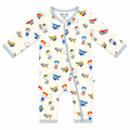 A baby long-sleeve footless one-piece sleeper with a light blue zipper and light blue trim, featuring an all-over print of colorful airplanes and hot air balloons on a cream background.