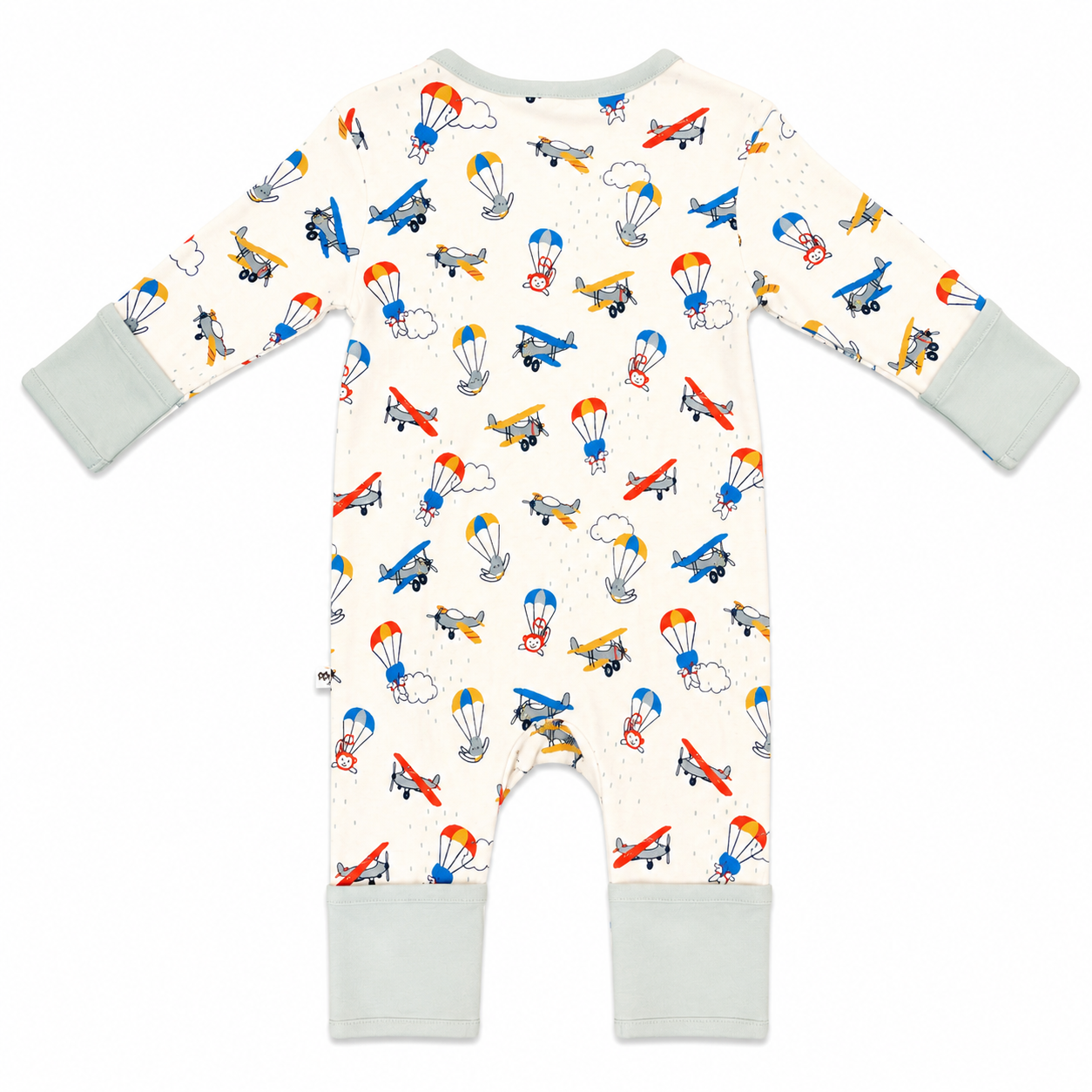 A long-sleeve baby footless romper with an off-white background, covered in a colorful pattern of airplanes, balloons, and clouds. The sleeves, cuffs, and leg cuffs are solid light gray.