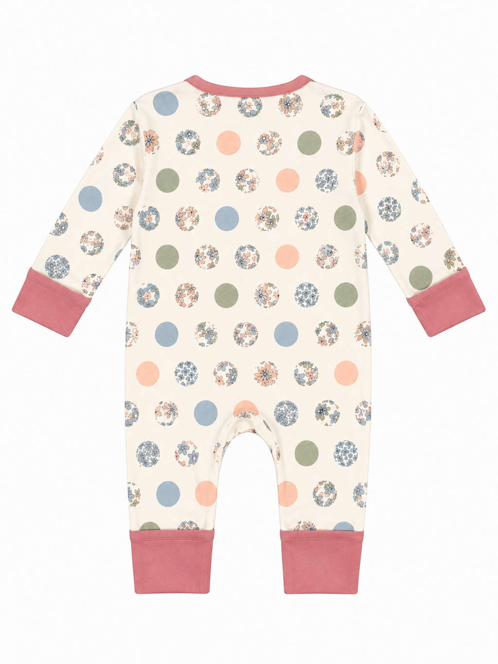 A baby long-sleeve footless one-piece jumpsuit shown from the back, featuring an off-white base with a pattern of multicolored polka dots and solid dusty pink cuffs and collar.