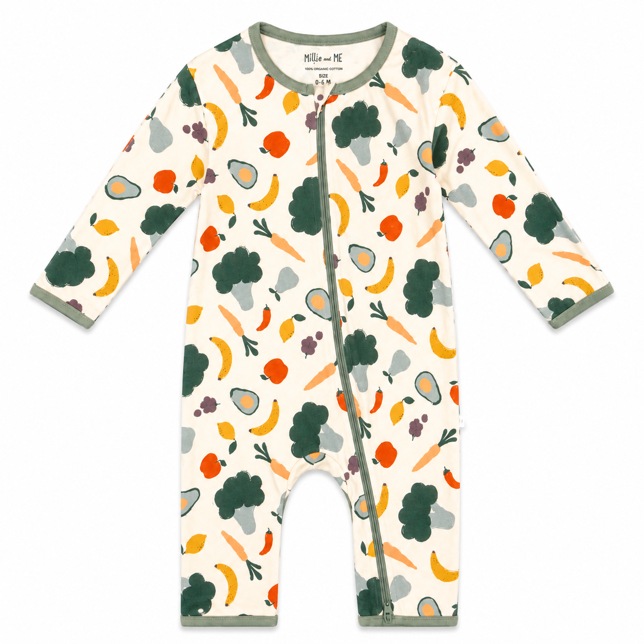 A baby long-sleeve footless one-piece sleeper with an all-over vegetable print on an off-white background. The print features green broccoli, yellow bananas, orange carrots, and red apples.