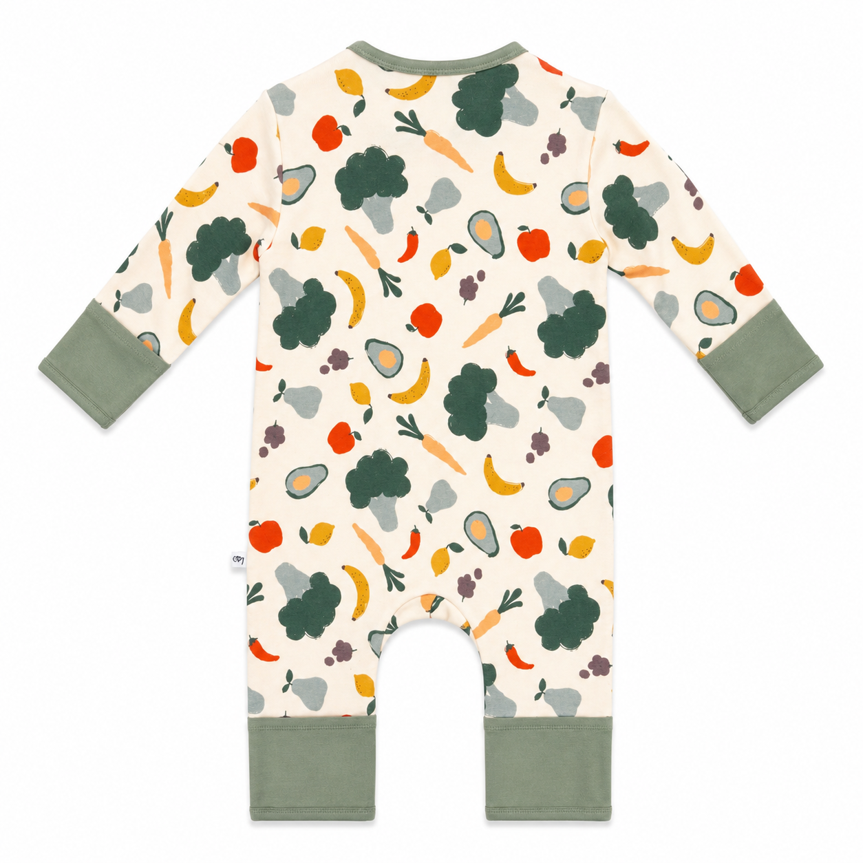 A baby long-sleeve footless romper with an all-over vegetable print on an off-white background, featuring sage green cuffs and leg hems.