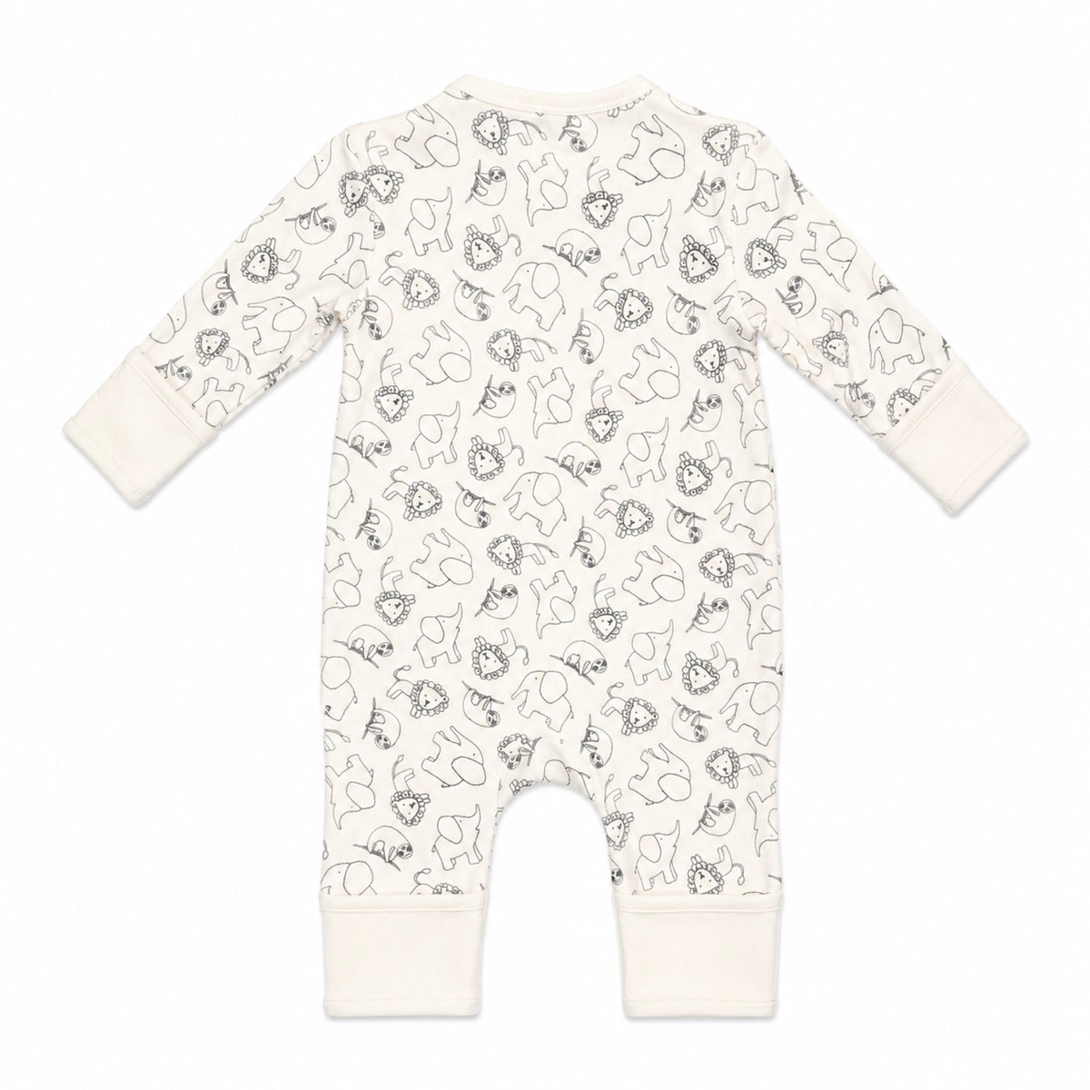 A baby long-sleeve footless romper in off-white with an all-over black line art print of cartoon animals, shown flat on a white background.
