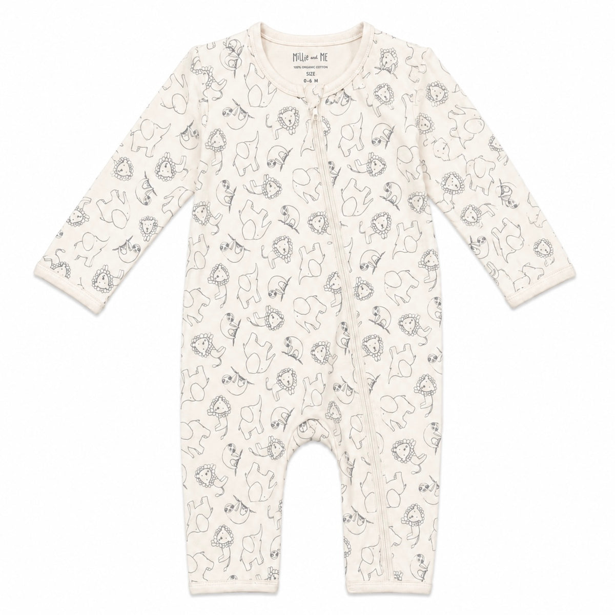 An off-white long-sleeve baby footless one-piece sleeper with an all-over black line art print of various animals, shown flat on a white background.