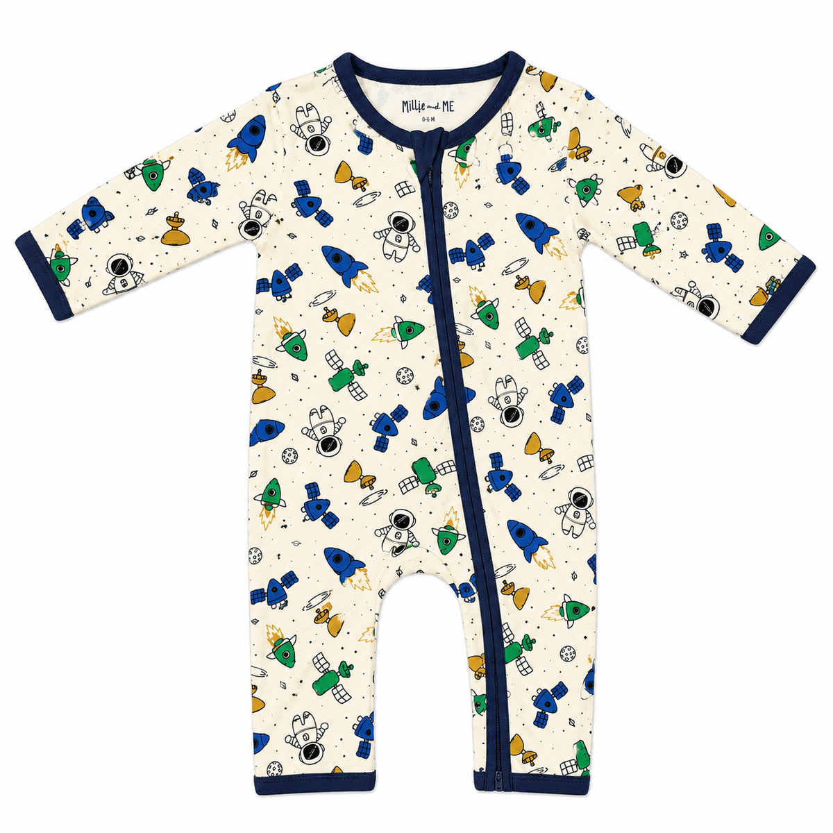 Millie and Me Space Rockets Zip organic cotton baby romper, front view, featuring colourful rockets and astronauts in blue, green, yellow and navy on a soft cream background.
