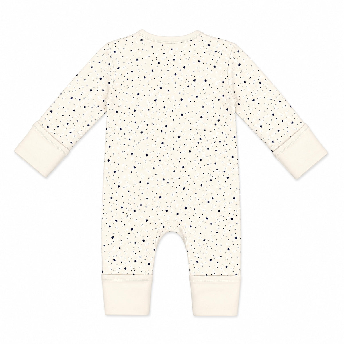 An off-white long-sleeve baby romper with a black speckled pattern and solid off-white cuffs and leg openings, shown flat on a white background.
