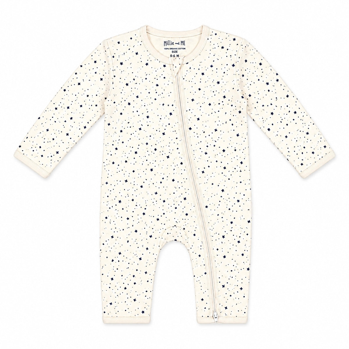 An off-white long-sleeve baby footless romper with a black speckled star pattern and a front zipper, shown flat on a white background.