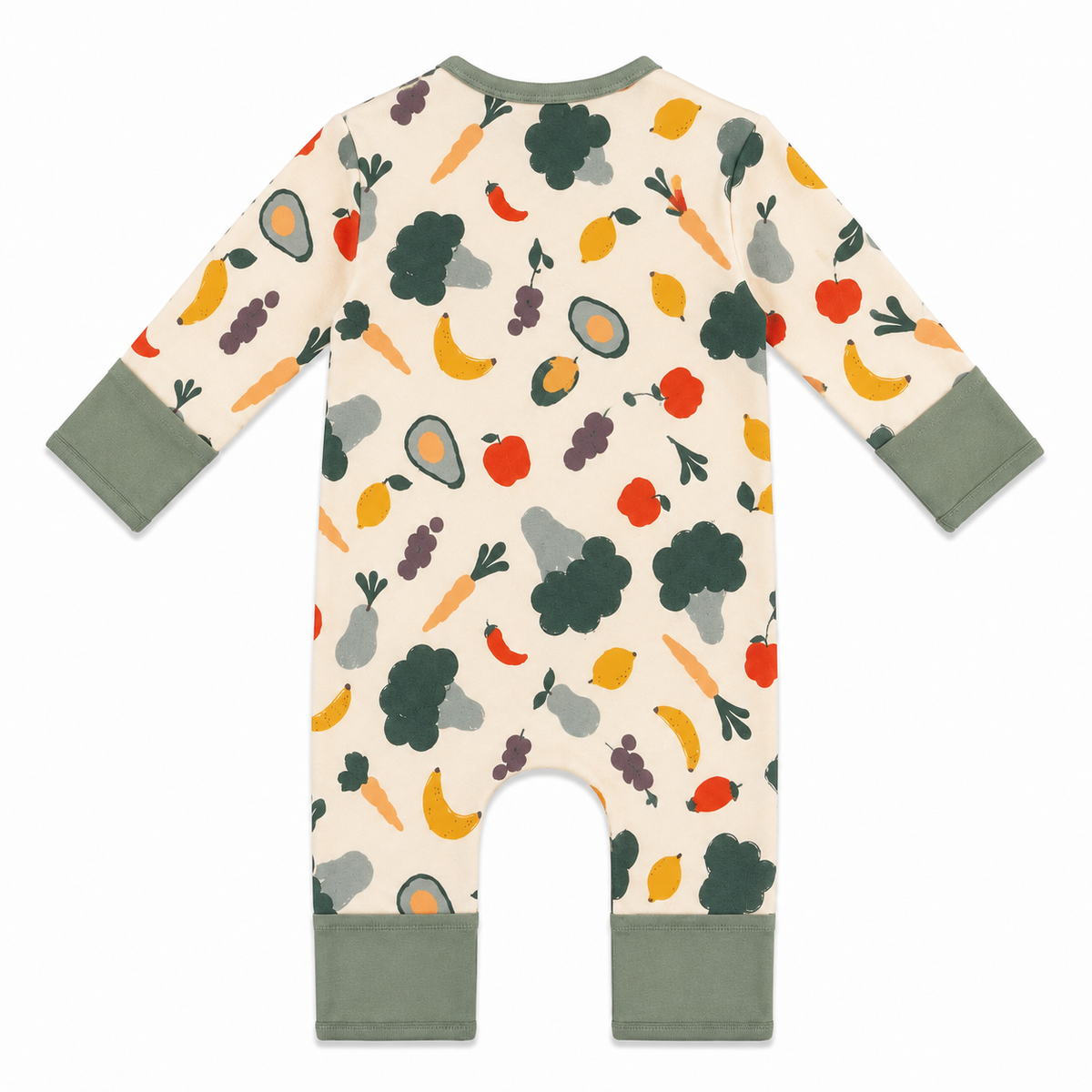 Organic cotton baby romper with colourful fruit and vegetable print, long sleeves and sage green cuffs – Millie and Me babywear