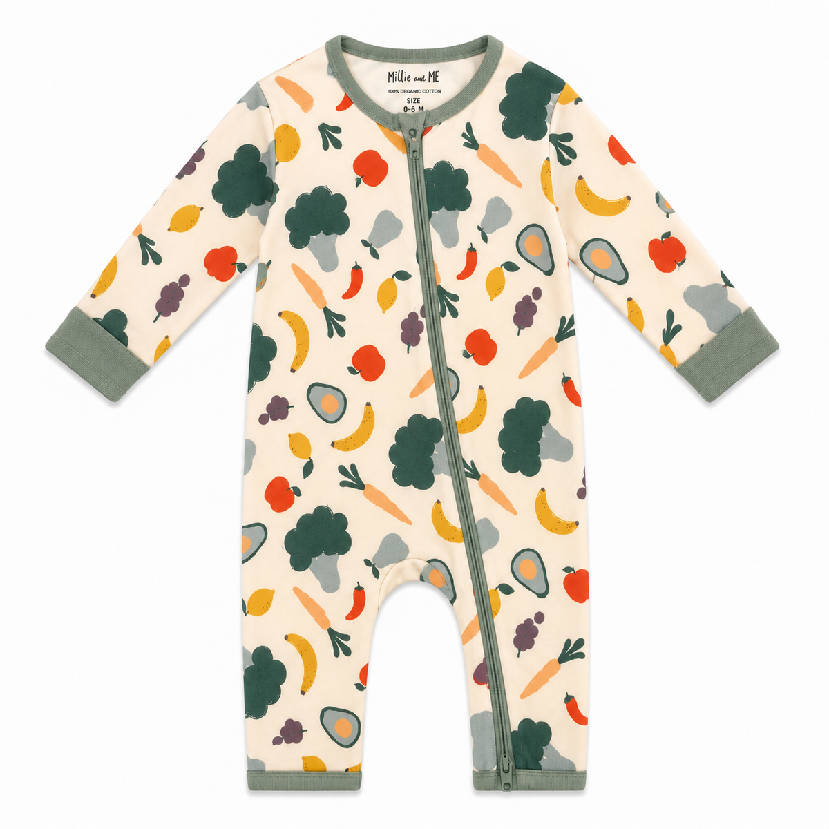 Organic cotton baby zip-up romper with colourful fruit and vegetable print and sage green trim – Millie and Me babywear