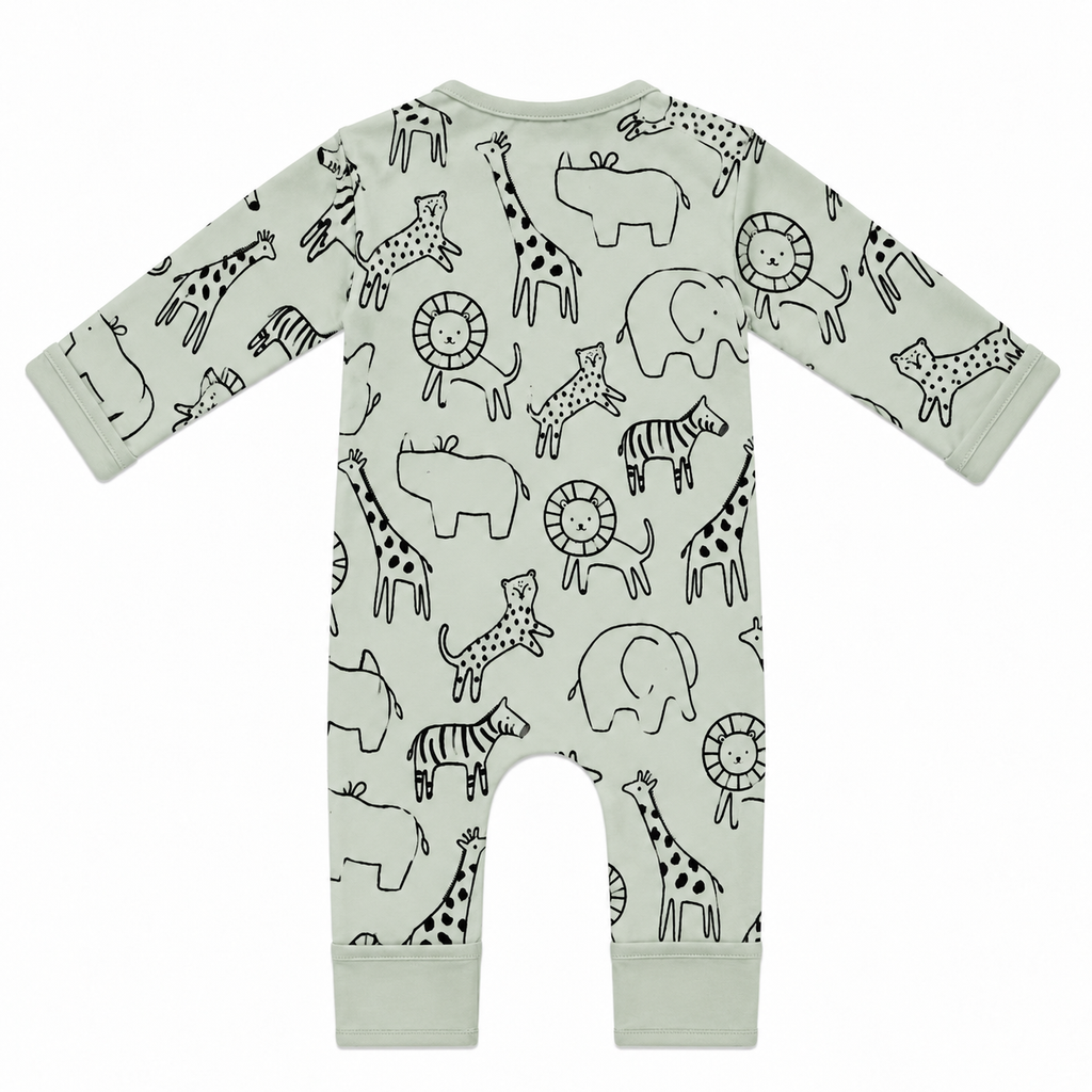 Millie and Me XL Jungle organic cotton baby romper, back view, featuring a playful jungle animal print with giraffes, elephants, lions, zebras and other animals in soft sage green and black on a cream background.