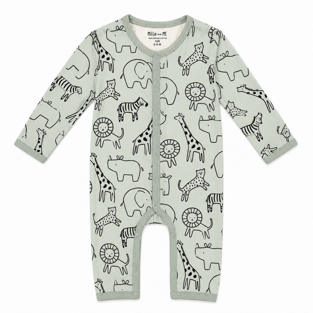 Millie and Me XL Jungle organic cotton baby romper, front view, featuring a playful jungle animal print with giraffes, elephants, lions, zebras and other animals in soft sage green and black on a cream background.