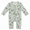 Millie and Me XL Jungle organic cotton baby romper, front view, featuring a playful jungle animal print with giraffes, elephants, lions, zebras and other animals in soft sage green and black on a cream background.