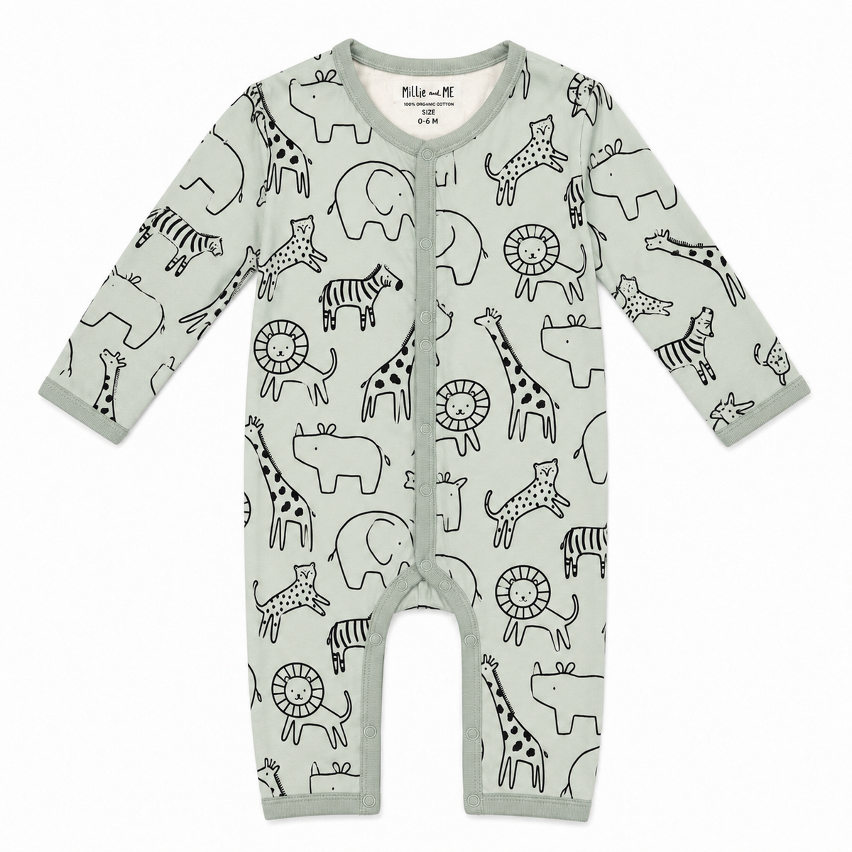 Millie and Me XL Jungle organic cotton baby romper, front view, featuring a playful jungle animal print with giraffes, elephants, lions, zebras and other animals in soft sage green and black on a cream background.