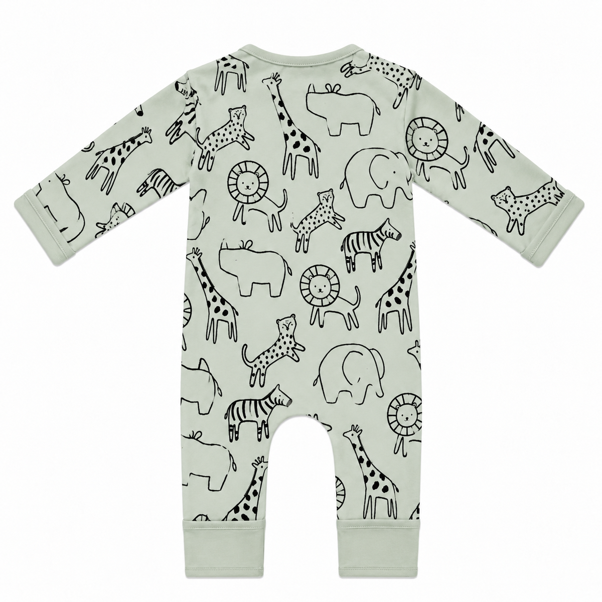 XL Jungle organic cotton baby romper in sage green with jungle animal print, back view