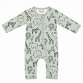 XL Jungle organic cotton baby romper in sage green with jungle animal print, front view
