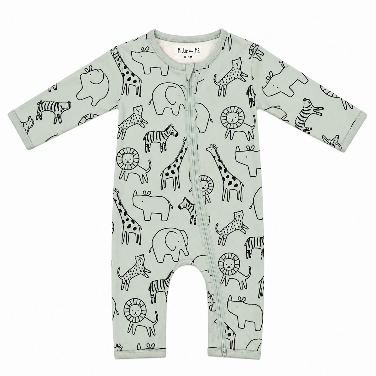 XL Jungle organic cotton baby romper in sage green with jungle animal print, front view