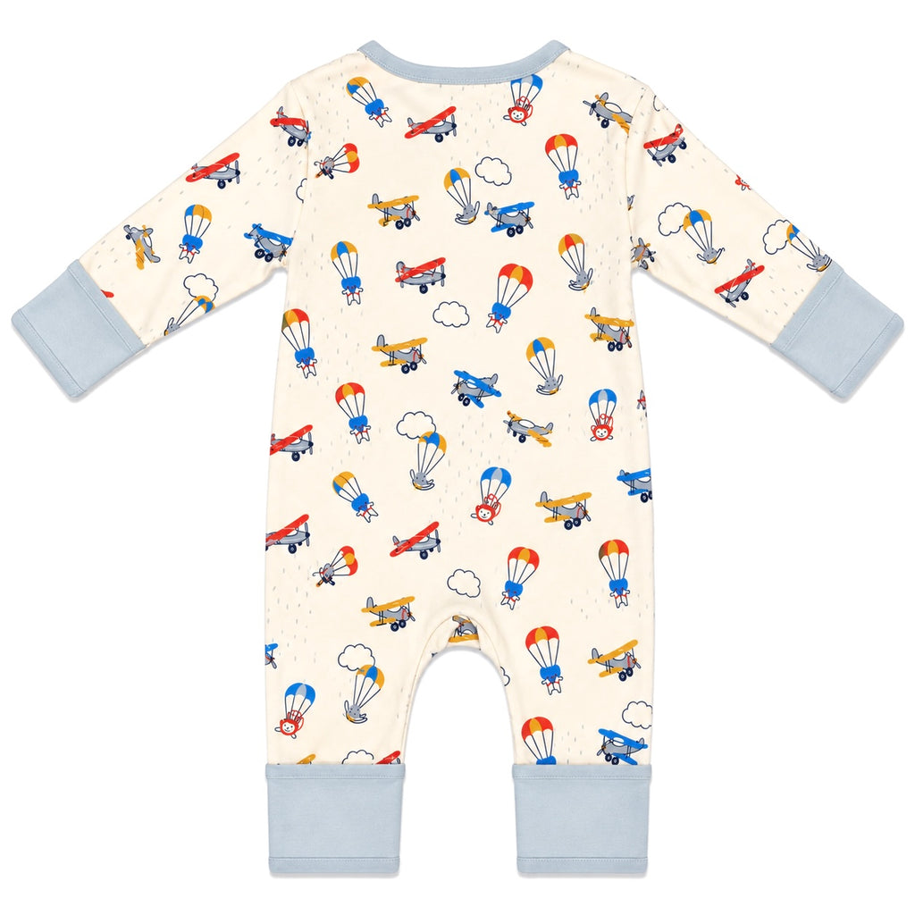 Back view of cream organic cotton baby romper with aeroplane and hot air balloon print, long sleeves and turn-back cuffs by Millie and Me.