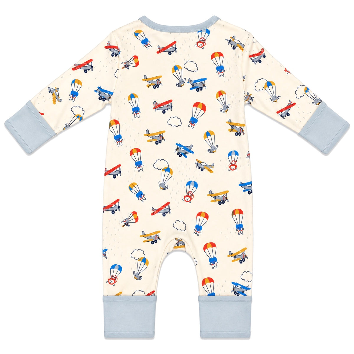 Back view of cream organic cotton baby romper with aeroplane and hot air balloon print, long sleeves and turn-back cuffs by Millie and Me.