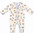 Cream organic cotton baby romper with colourful aeroplane and hot air balloon print, long sleeve baby sleepsuit by Millie and Me.
