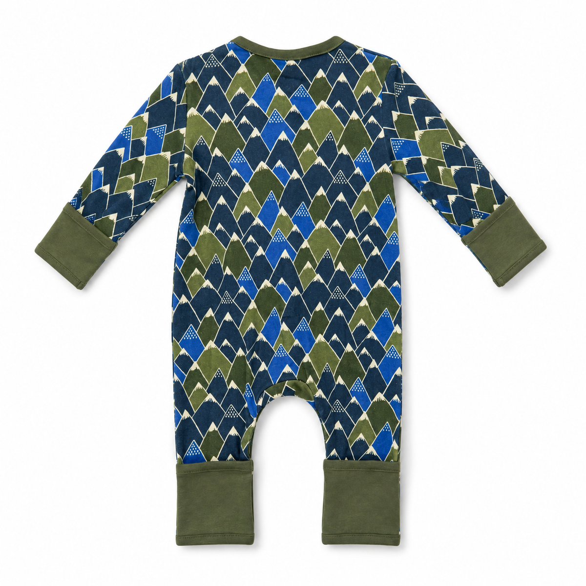 A baby long-sleeve footless one-piece romper with an all-over geometric mountain pattern in navy, blue, olive green, and white, featuring solid olive green cuffs and leg cuffs, shown on a plain white background.