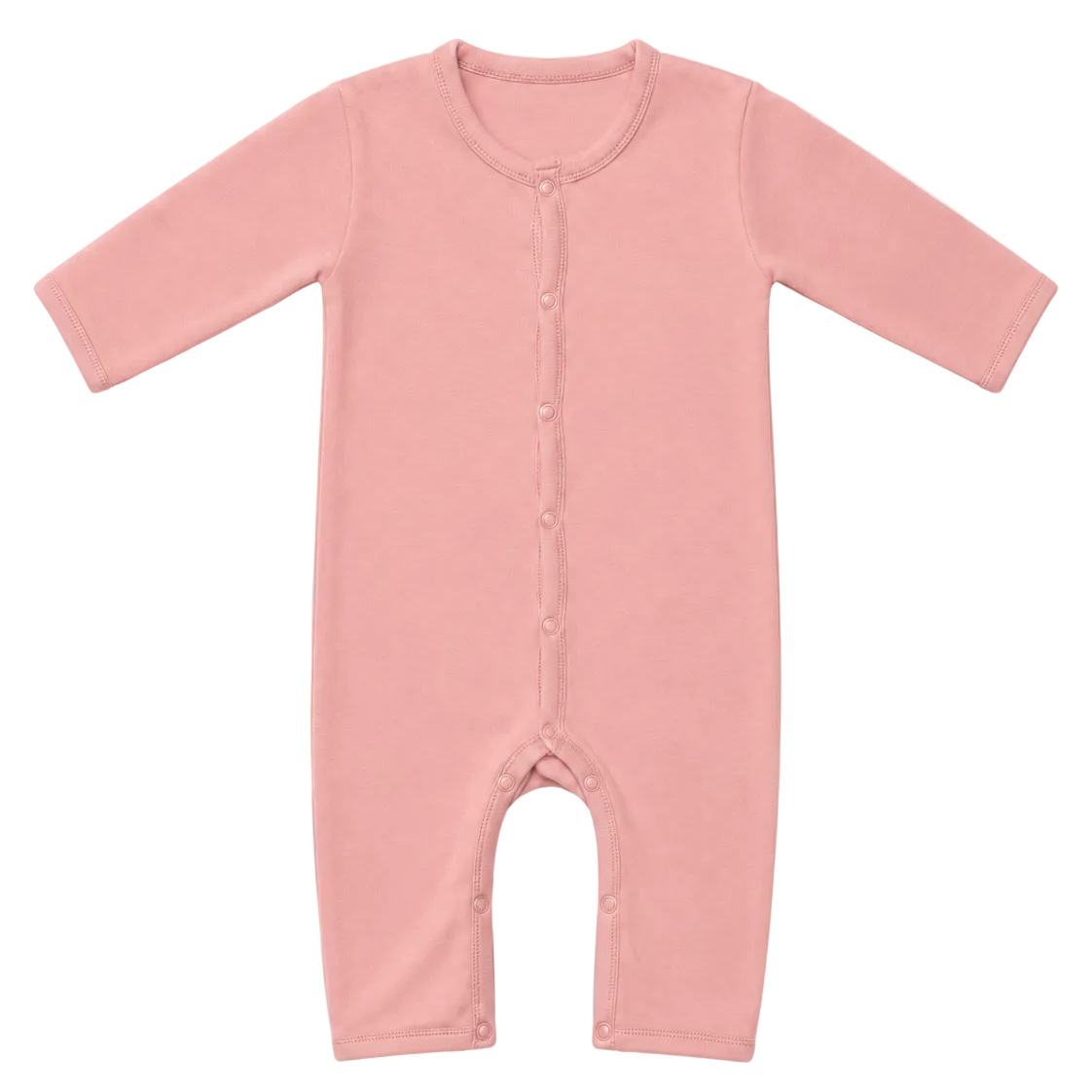 A dusty pink long-sleeve baby romper with front snap buttons, laid flat against a light off-white background.