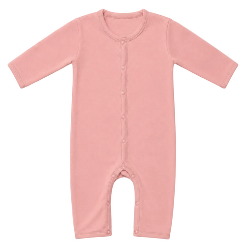 A dusty pink long-sleeve baby romper with front snap buttons, laid flat against a light off-white background.