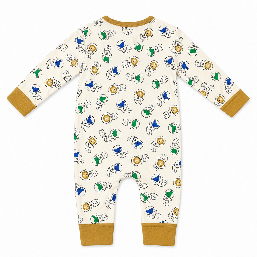 Millie and Me Astronauts organic cotton baby romper, back view, featuring a playful astronaut print in blue, green and mustard yellow on a soft cream background.
