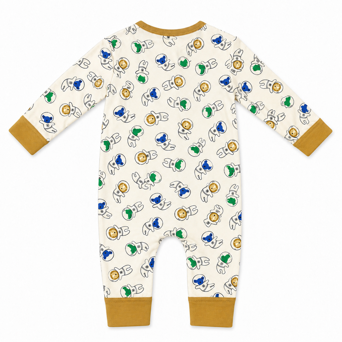 Millie and Me Astronauts organic cotton baby romper, back view, featuring a playful astronaut print in blue, green and mustard yellow on a soft cream background.