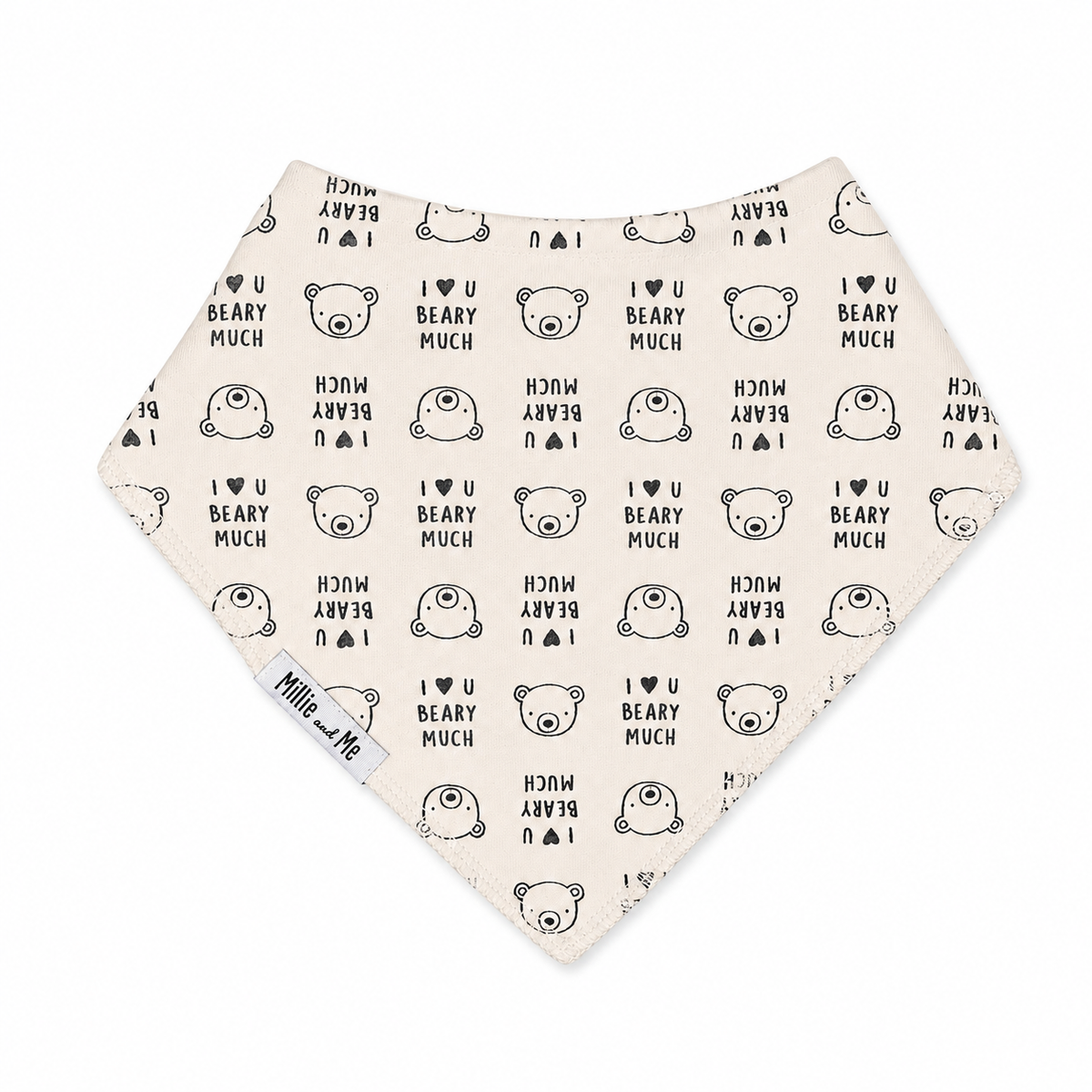 bandana bib featuring an all-over black print of teddy bear faces and the text 'I LOVE U BEARY MUCH'.