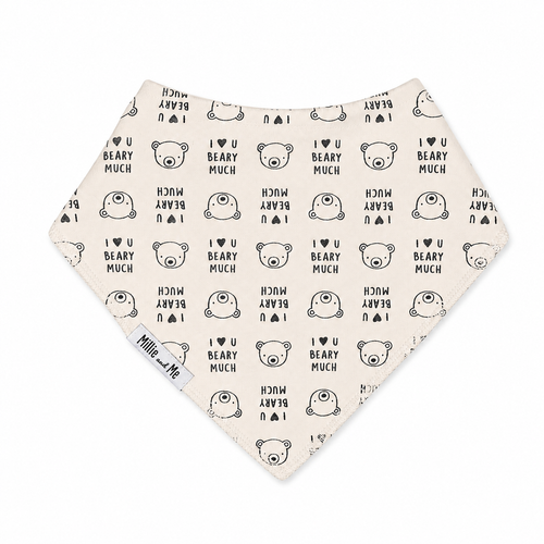 bandana bib featuring an all-over black print of teddy bear faces and the text 'I LOVE U BEARY MUCH'.