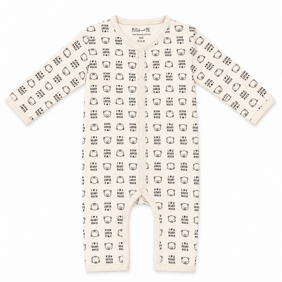 Millie and Me Bears organic cotton baby romper, front view, featuring a cute bear print with playful text and illustrations on a soft cream background.