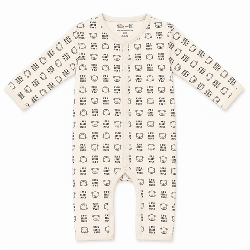 Millie and Me Bears organic cotton baby romper, front view, featuring a cute bear print with playful text and illustrations on a soft cream background.