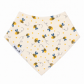 Bee print organic cotton bandana bib in cream with yellow and blue bees and dotted bee trails.